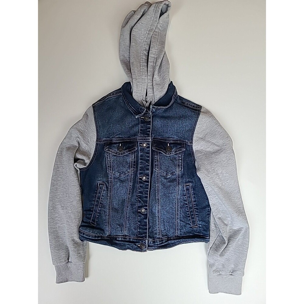 Wax Jean Denim Jacket Blue Gray Stretch Long Sleeve Hoodie Large